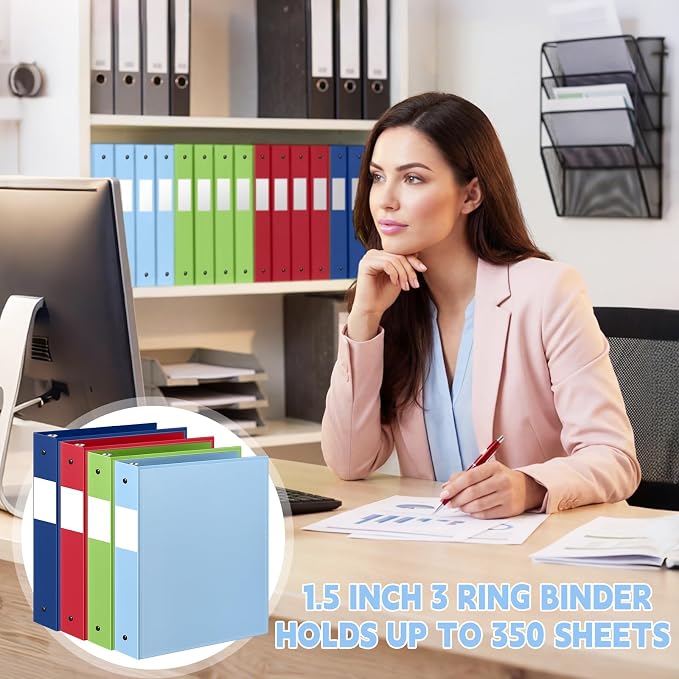 Henoyso 1.5 Inch 3 Ring Binders with Clear Front Cover and 2 Pockets, Round Ring Binders Fits 8.5'' x 11'' Letter Size Paper for School Office Supplies, 12 Pack (Assorted Fresh Color)