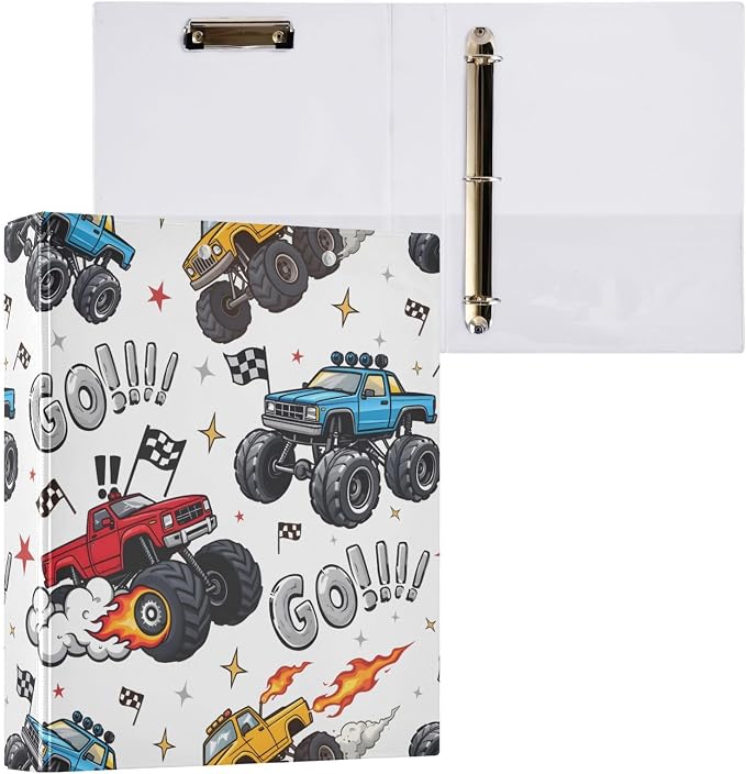 3 Ring Binder Truck Racing Car Flag Truck 1.5" Round Ring Binders View Binder with 200 Sheet for Kids School Supplies Women Men Office, 1 Pack