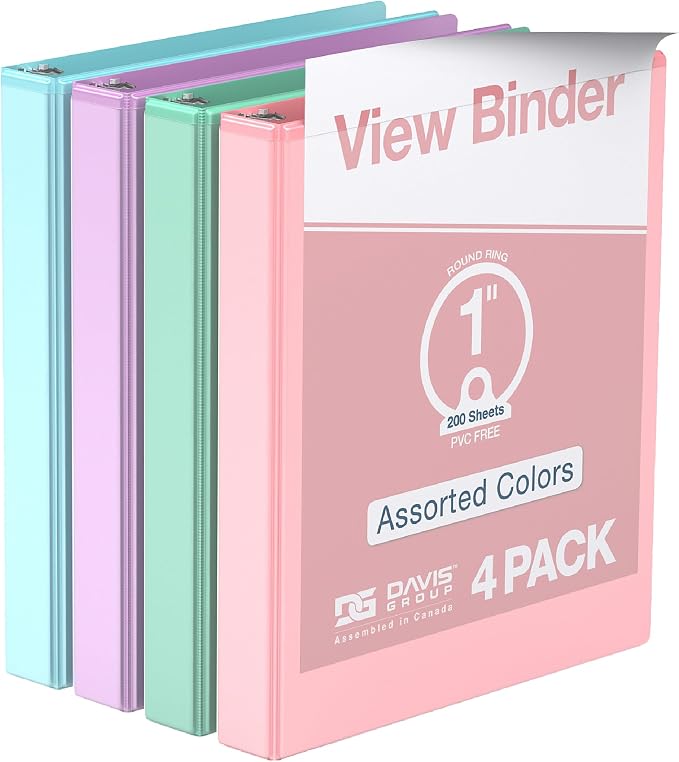 Pack of 4 Premium View Binders, Ring Binders with Clear-View Cover and Interior Pockets, Pastel Color Options, 1 Inch, Assorted