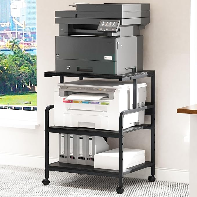Arbuxzuy Large Printer Stand with Storage Shelf, 23.6" W x 18.9" D Printer Cart with Wheels, 3 Tier Mobile Printer Table for Home Office,Stands for Heat Press Scanner Fax (Black)