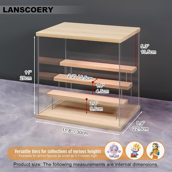 LANSCOERY Acrylic Display Case for Collectibles, 4-Tier LED Light, Wood | 3mm clear acrylic panels with front door access and tri-color top light for small figures on a desk or shelf.