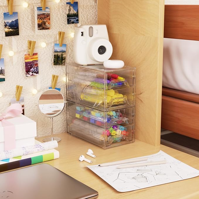 Acrylic Stackable Drawer Storage Organizer: Slim Desk Mini Drawers | transparent Plastic deep desktop makeup clear compartment holder countertop