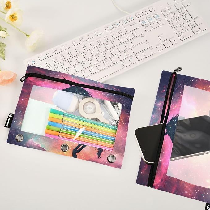 Unicorn Galaxy Sky Pencil Pouch for 3 Ring Binder, 2 Pack Waterproof Pencil Bags Clear Window Pencil Case Zipper School Office Supplies