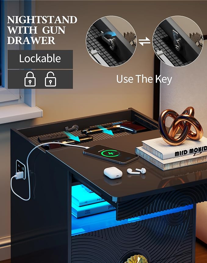 LED Night Stand with Gun Drawer & LED Light | 3-Color Lights & Human Body Sensor, Smart Charger Station, 2 DrawersHidden Storage, End Table Bedroom Livingroom