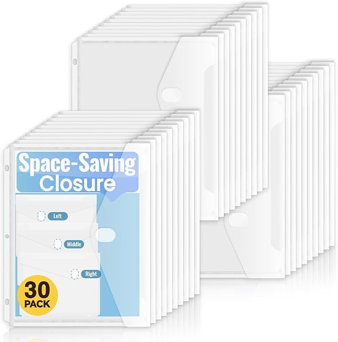 Sooez 30 Pack Binder Folders Pockets with Staggered Closures, Letter Size | Clear Binder Pockets for 3 Ring Binder, Space-saving Binder Organizer Sleeves, Binder Divider with Pockets, for School Office