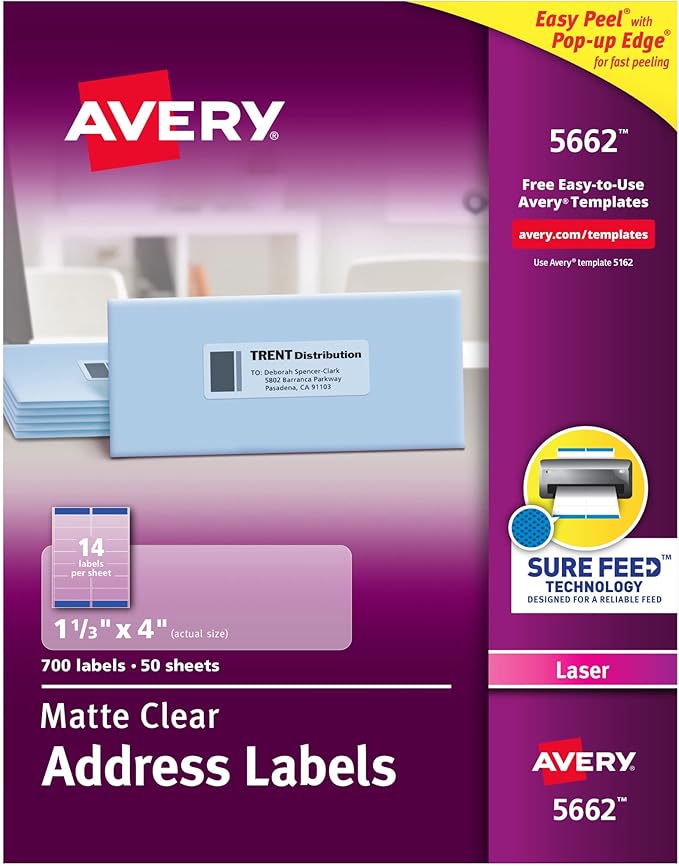Avery® Printable Address Labels, Sure Feed® Technology, 1-1/3" x 4", Matte Clear, 700 Blank Mailing Labels (05662)