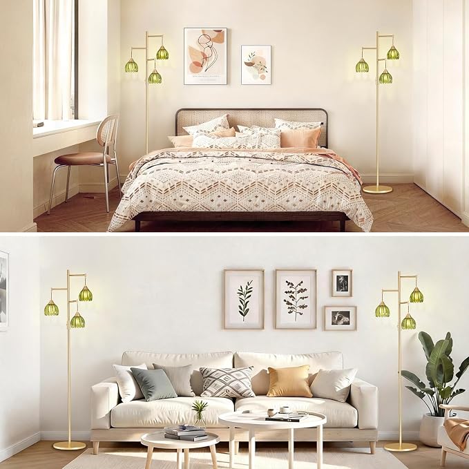 Shenmoyl Stepless Dimming Floor Lamps for Living Room, Bedroom, Gold Standing Lamp with 3pcs 6W Bulbs, Vintage Brass Floor Lamp for Corner, Nursery (Green Tulip)
