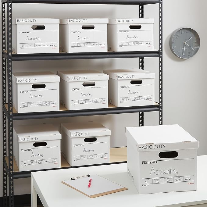 STAPLES Storage & Filing Box, Basic-Duty with Handles & Removeable Lid, Letter & Legal Size Documents, Stackable, 20-Pack, White/Black