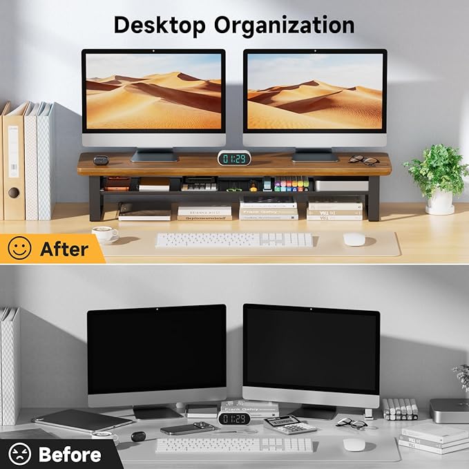 Dual Monitor Stand, 35.4 Inch Monitor Stand Riser for 2 Monitors, 2 Tiers Wood Desk Shelf with Storage, Desktop Organizer Stand for Computer, Laptop, Printer, TV