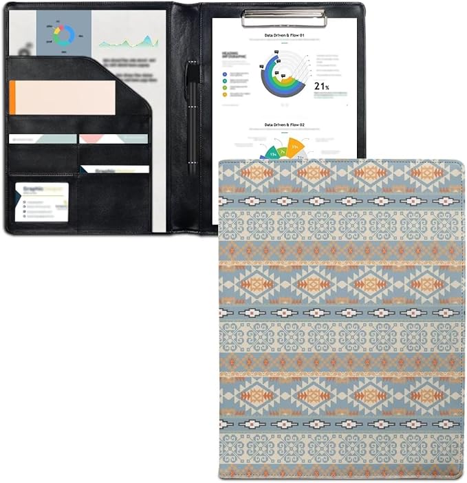 Dreaweet Aztec Pattern Blue Portfolio Padfolio Organizer Binder with Clipboard,Leather Business Interview Resume Document Holder Folder Planner Organizer for Office Conference Notepad