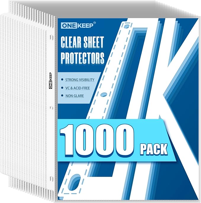 1000 Pack Sheet Protectors, Top Loading Reinforced 3-Hole Page | Protectors for 3-Ring Binders, Fits Standard 8.5" x 11" Letter Size Paper, Perfect for Documents & Photos, Office Supplies