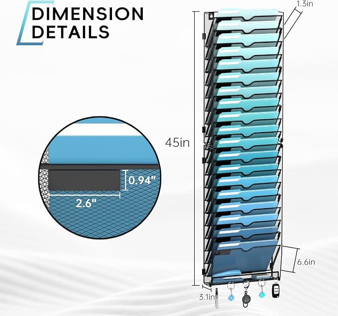 20-Tier Wall File Organizer and Mail Organizer with 5 Hooks, Black | Label slots, curved openings, 5 key hooks, and a bottom tray support organized mail, file, and everyday item storage.