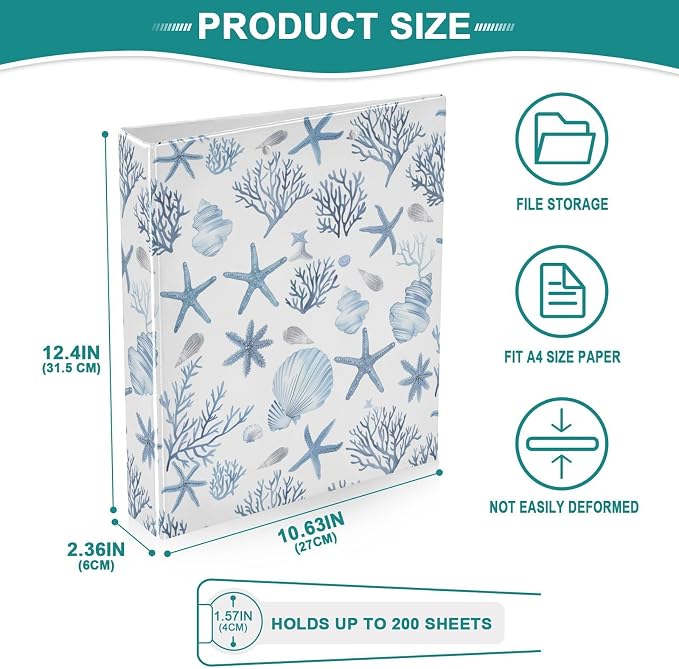 Nutical Theme Blue Starfish Coral Binder 1.5 Inch Binder with Clipboard&Pockets, Hardcover Binders 3 Ring, Heavy Duty Large File Folder for Office School Supplies - Holds 200 Sheets