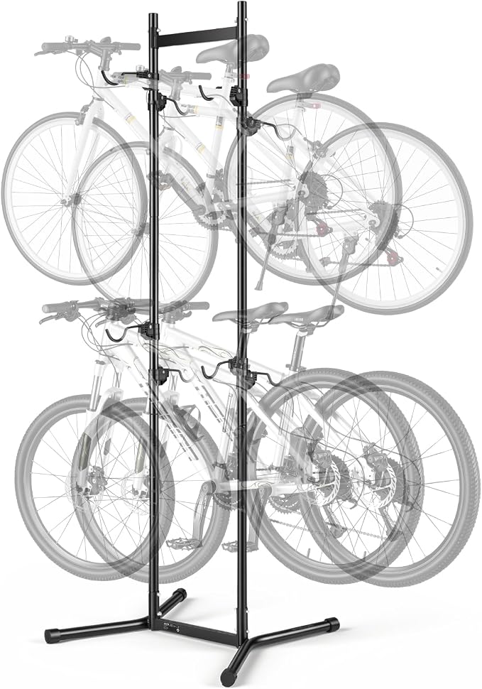 VEVOR Bike Stand for 4 Bikes, Freestanding Vertical Bike Storage Rack, with Height-Adjustable Hooks, Heavy-Duty Carbon Steel Garage Bicycle Floor Stand, Ideal for Garage, Apartment, Home, Black