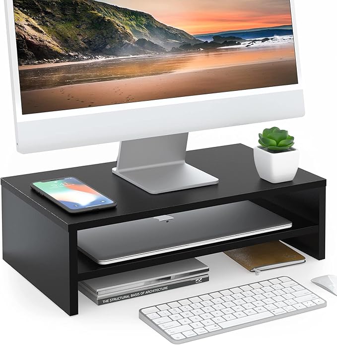 FITUEYES Wooden Monitor Stand Riser, 2-Tier Desk Storage Shelf, Black | 16.7-Inch Desktop Organizer Fits Laptop, Computer Screen and Office Supplies