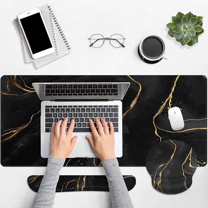 Keyboard Mouse Pad Set, 4 in 1 Desk Mat Set, Marble Black Gold | Large Mousepad+Keyboard Wrist Rest+Mouse Wrist Rest+Coaster Ergonomic Design for Home Office Computer