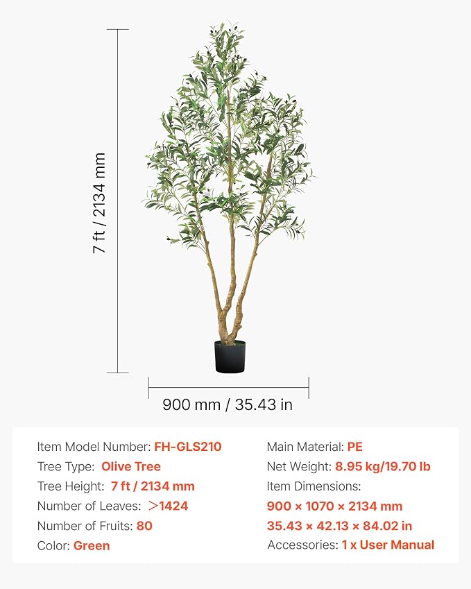 VEVOR 7FT Artificial Olive Tree with Black Pot, Tall Fake Tree with Natural Wood Trunk & Realistic Green Leaves and Fruits, Indoor Faux Plant for Home, Office, Living Room, Corner Decor
