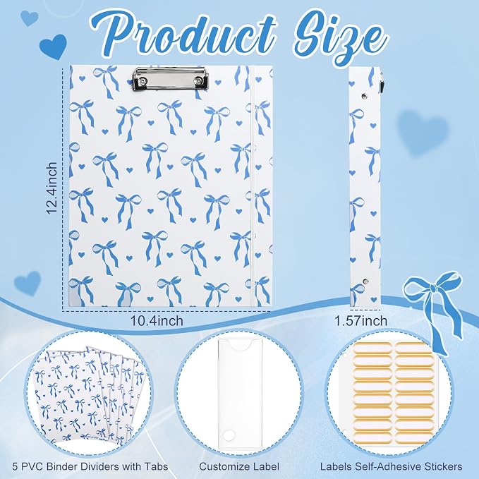 Colarr 3 Ring 1 Inch Blue Bow Binder with 2 Pockets Cute Bow Knot Clipboard Binder Organizer for Back to School 8.5" x 11" Letter Size 5 PVC Index Dividers with Tabs 18 Label Stickers Office Supplies