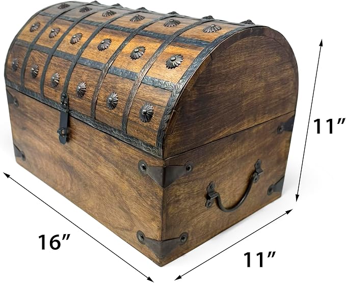 Nautical Cove Treasure Chest Keepsake and Decorative Wood Box (XXX-Large 16x11x11) - Storage Box, Wooden Box with Hinged Lid, Rustic Storage, Pirate Storage Box, Vintage Wooden Chest