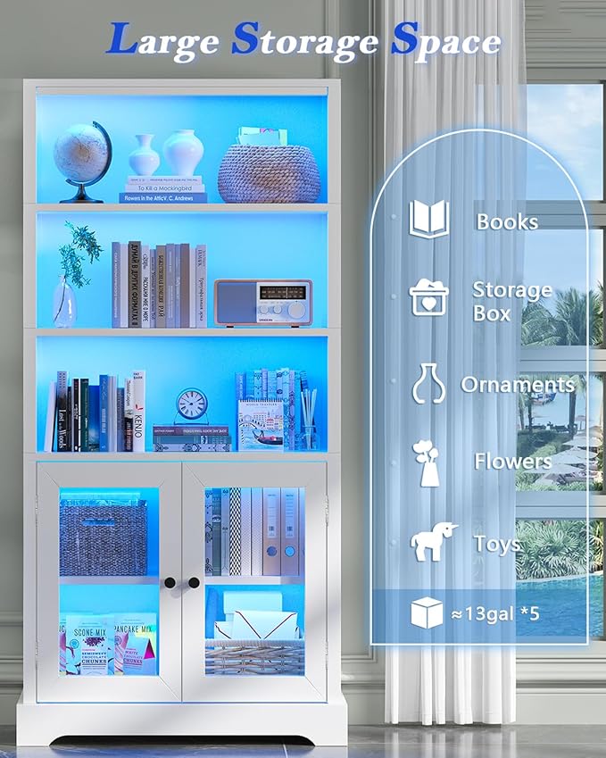 TVU 5-Tier Bookshelf, 65" Bookshelf with Multi-Color Ambient Lights (APP Remote Control), Tall Vertical Display Shelf with Cabinet Doors, Suitable for Living Room, Bedroom, Study, Office, White