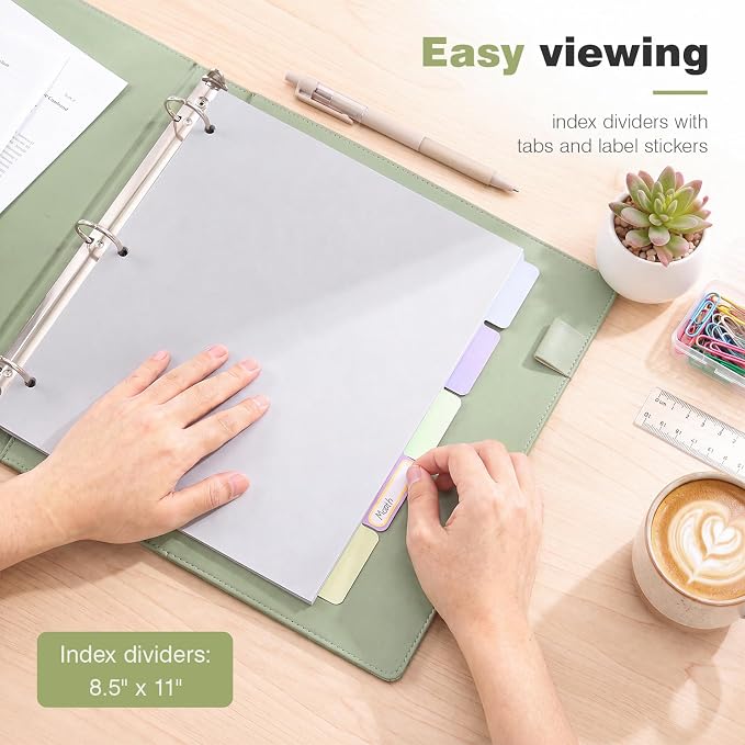 Ospelelf Vintage Hardcover 3 Ring 1 inch Leather Binder, Professional Binder Organizer Suitable for Letter Size, Binder Dividers with Tabs, Light Green