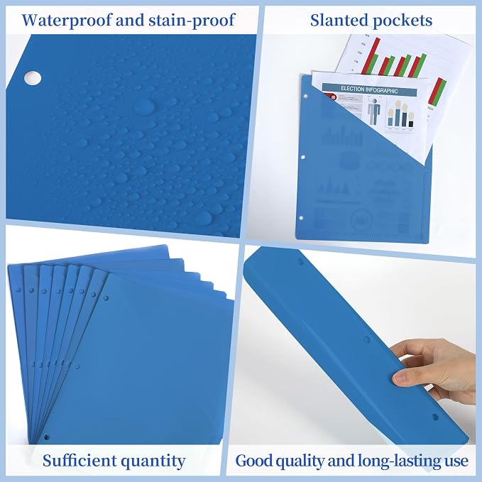 gisgfim 48 Pack Binder Pockets for 3 Ring Clear Pocket Divider Folders for 3 Hole Binders Sleeves Plastic Slash File Jacket for Office School Classroom Business Home Organizer, 9.25" x 11.22" (Blue)
