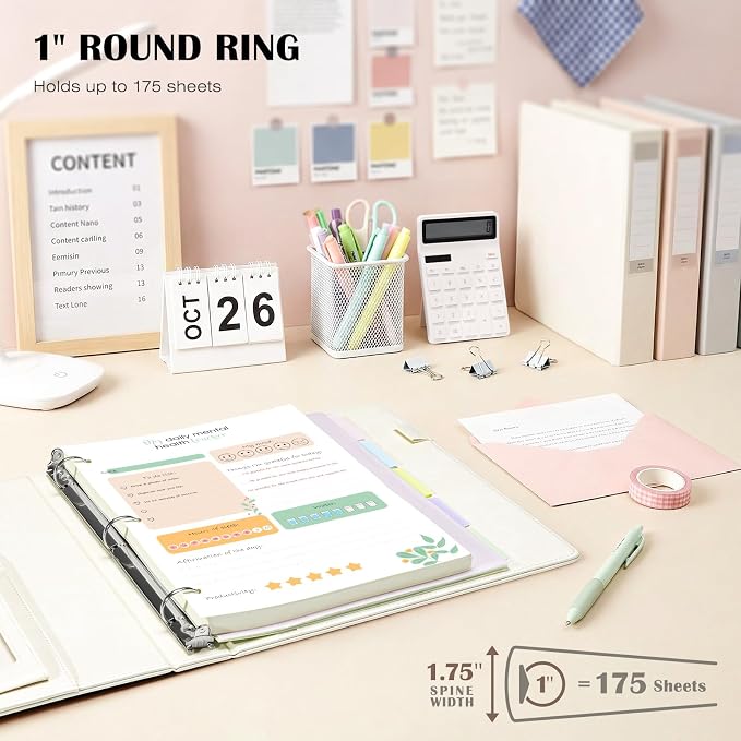 Ospelelf Leather 3 Ring Binder for Letter Size Documents with PVC Pocketed Dividers, Pencil Pouch & Notepad, 1 Inch Round Rings, Holds 175 Sheets, for Office School Home Organization, Flower White
