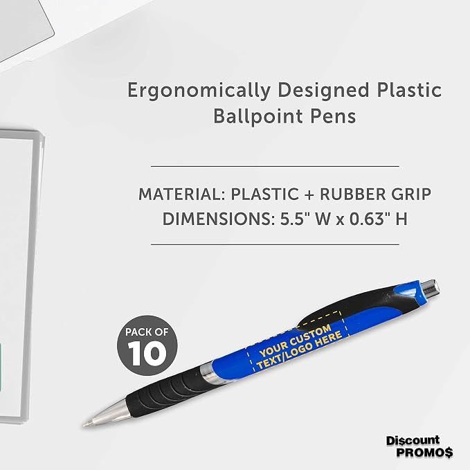 DISCOUNT PROMOS Ballpoint Pens With Rubber Grip - 10 pack - Customizable Text, Logo - Black Ink Ball Point Pen with Soft Touch Plastic - Blue