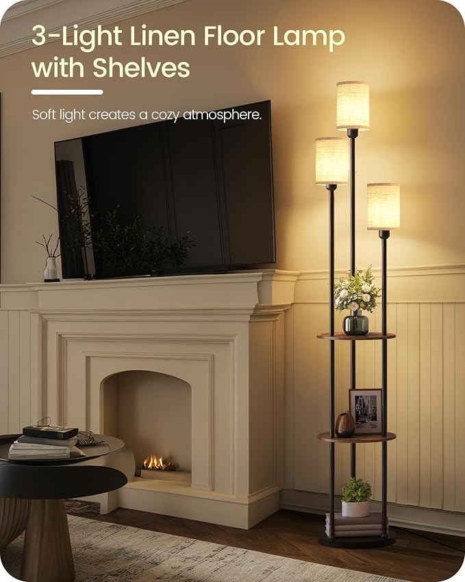 70.9" Floor Lamp with Shelves, Modern Floor Lamp with 3 Linen Shades and Foot Switch, 3-Light Standing Lamp, for Living Room, Bedroom, Study, Office, Rustic Brown and Beige EF53LD05