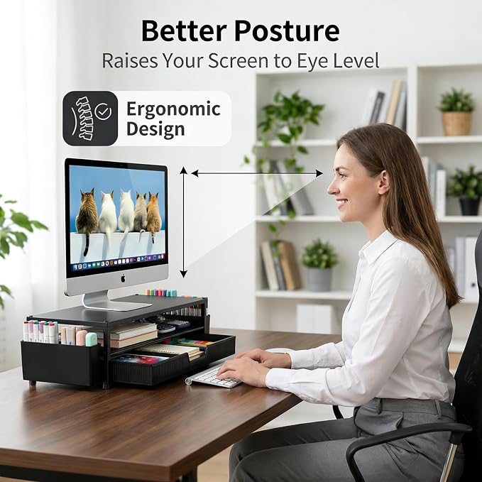 ECOLOVI Desk Organizer and Accessories, 2-Tier Computer Monitor Stand Rise with Storage Drawer & 2 Pen Holders, Laptop & Printer Stand for Desktop, Workspace Organizers for Office Supplies (Black)