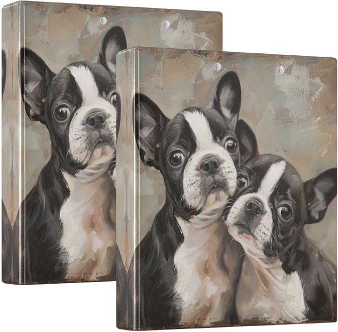 3 Ring Binder 1.5 Inch Boston Terrier Puppies Brown Clipboards Binders with Interior Pockets Round Ring Binder for Office Supplies and School 1 Pack