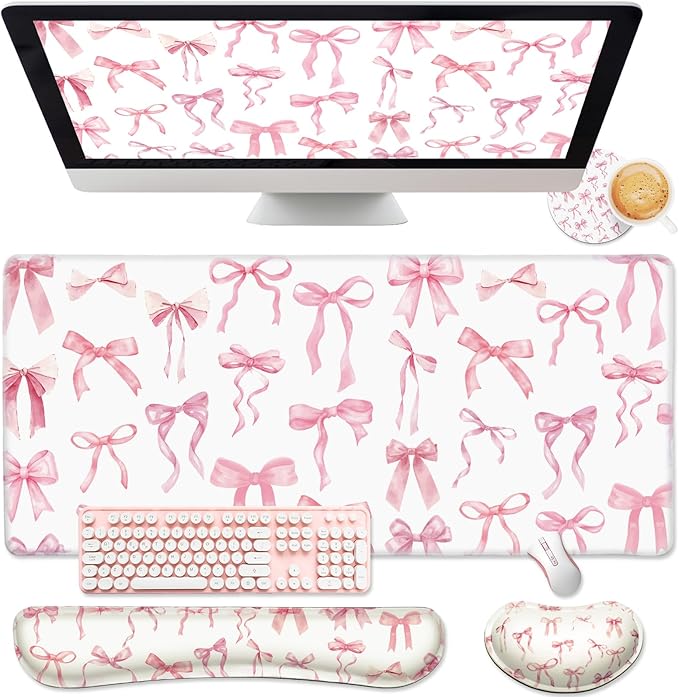 Relaxweex 4 Pcs Pink Bow Mouse Pad Keyboard Mat Set Wrist Rest | Coquette Desk Mat, Bowknot Mouse Pad, Cute Keyboard Wrist Rest, Preppy Cup Coasters, Office Computer Accessories