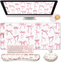 Relaxweex 4 Pcs Pink Bow Mouse Pad Keyboard Mat Set Wrist Rest | Coquette Desk Mat, Bowknot Mouse Pad, Cute Keyboard Wrist Rest, Preppy Cup Coasters, Office Computer Accessories