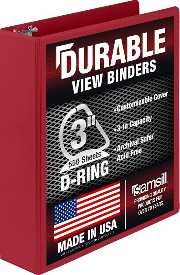 Samsill Durable 3 inch 3 Ring Binder, D Ring Binder, 100% Recycled Chipboard, Red