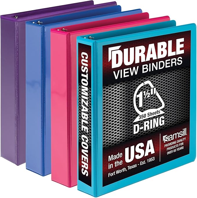 Samsill Durable 1.5 inch 3 Ring Binder, D Ring Binder, 100% Recycled Chipboard, Fashion Assortment, 4 Pack