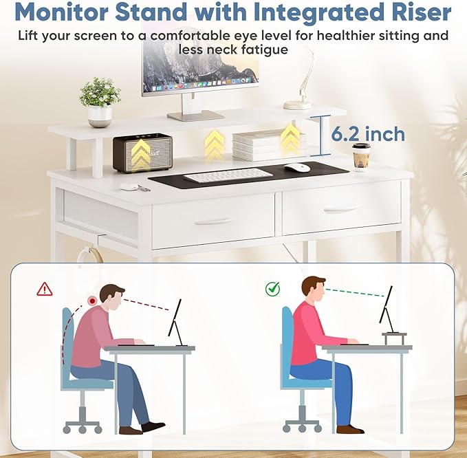 DUMOS 31-Inch Computer Desk with Drawers and Monitor Stand, White | Small Writing Desk for Home Office with Headphone Hook, Compact Study Table for Bedroom