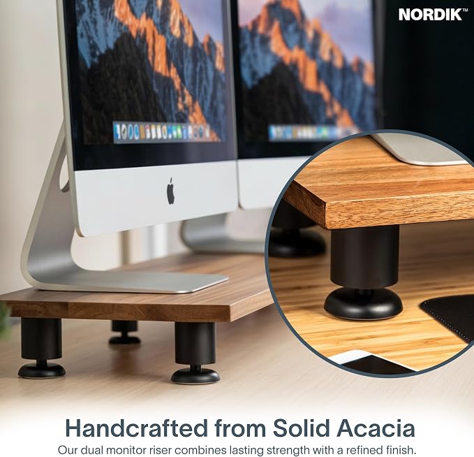 Nordik Dual Monitor Stand Riser -Hardwood Acacia Monitor Shelf (42x10.5 in) | Premium Handmade Acacia Wood Monitor Stand - Easy to Assemble Monitor Riser - Double Monitor Riser with Storage Organizer