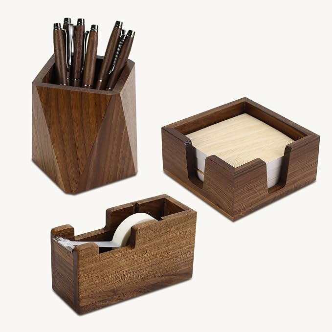 Buqoo Walnut Wood Sticky Note Holder Tape Dispenser Rhombic Pen Holder Set | 3pcs walnut wood desk accessories set with sticky note holder, tape dispenser and pen holder for an organized workspace