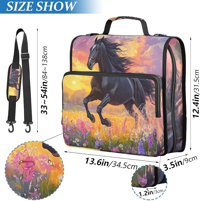 3 Ring Zipper Binder with Shoulder Strap Black Horse Flower Oil 2 Inch Zippered Binder Bag 500 Sheet Capacity Multi Pockets for School Supplies
