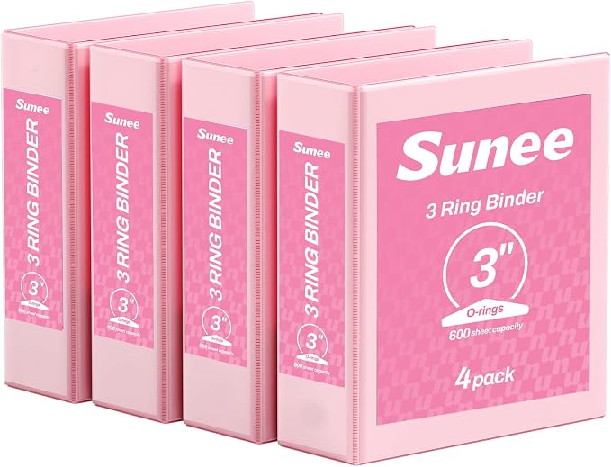 SUNEE 3 Ring Binder 3 Inch 4 Pack, 3" Clear View Binder Three Ring PVC-Free (Fit 8.5x11 Inches) for School or Office Supplies, Pink
