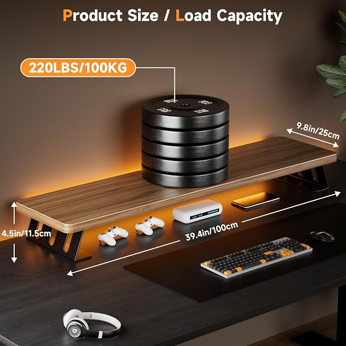 Dual Monitor Stand Riser, 39 Inch Large Wood Monitor Stands for 2 Monitors | Desk Monitor Riser for Computer/Laptop/Printer/TV, Stand Riser up to 220 lbs