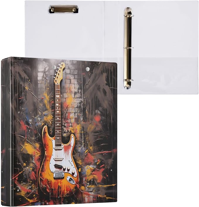 3 Ring Binder Guitar Art 1.5" Round Ring Binders View Binder with 200 Sheet for Women Men Office Kids School Supplies, 1 Pack
