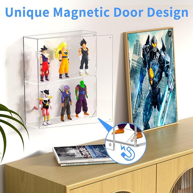 AITEE 2 Tiers Acrylic Display Case for Mini Funko Pop on Wall or Desktop | 11.8"Lx3.4"Wx13.3"H, dustproof, 2 tiers, wall mounted or desktop, showcases mini figures toys stones rocks Amiibo