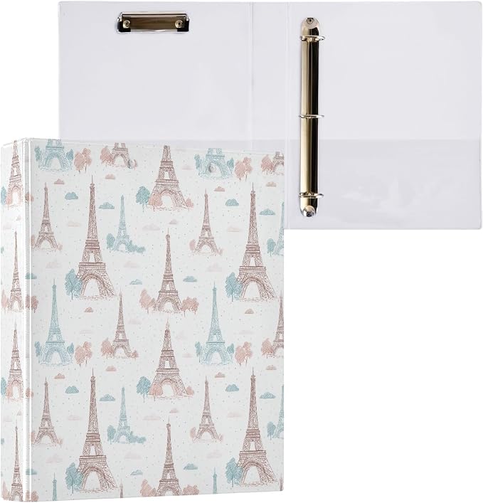 Eiffel Tower Paris 1.5 Inch 3 Round Ring Binders with Pocket Clip, Holds 200 Sheets Documents for Office Classroom Student Organization Hard d Ring Binders with Printed
