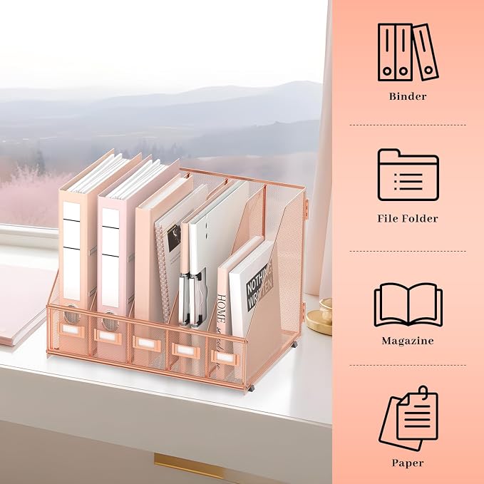 Desk Organizers Metal Desk Magazine File Holder with 5 Vertical Compartments Rack File Organizer for Office Desktop, Home Workspace, Rose Gold, Plus