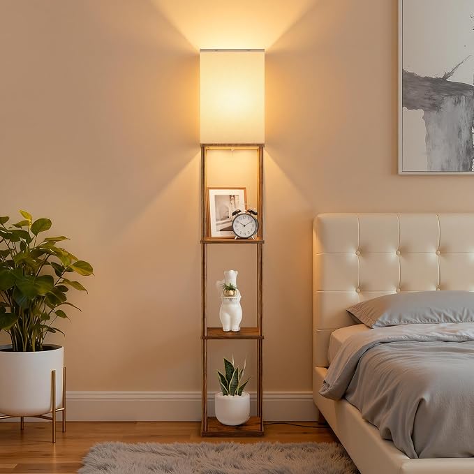 Floor Lamp with Shelves, 3-Tier Square Bookshelf Standing Lamp Rustic Brown | 3 Color Temperature Bulb Included, Modern Pull Chain Tall Lamp for Living Room Bedroom Corner Office Apartment Decor