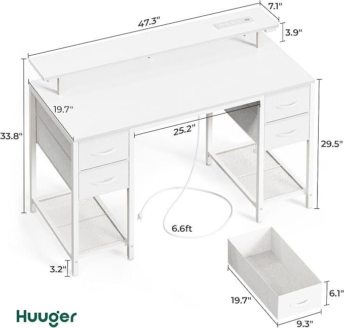 Huuger 47 inch Computer Desk with Power Outlets & 4 Drawers | Gaming Desk with LED Lights, Home Office Desk with Large Storage Space for Bedroom, Work from Home, White