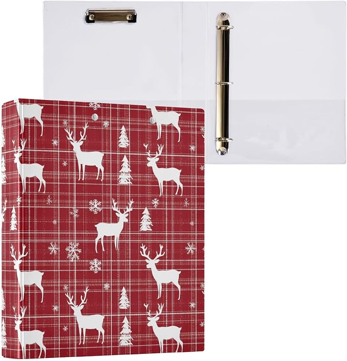 Christmas Reindeer and Snowflakes Plaid 3 Ring Binder 1.5" Decorative D-Ring Binder with Clipboard&3 Clear Pockets, Holds 200 Sheets A4 Size Paper Waterproof Binders for School Home Office|2 Pack