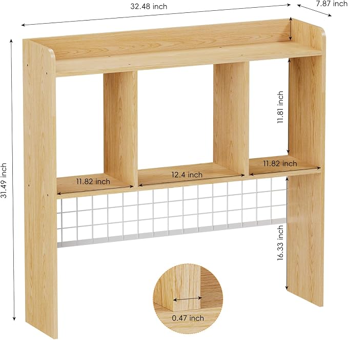 Desktop Bookshelf,Countertop Storage Hutch with 3 Shelves for Computer Desk，2-Tier Display Rack with Grid Panel, Multipurpose Wood Desk Hutch Storage Organizer for Home Office Dorm (Natural)