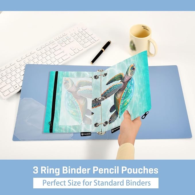 Sea Turtle Pencil Pouch for 3 Ring Binder, 2 Pack Waterproof Pencil Bags Clear Window Zipper School Office Supplies